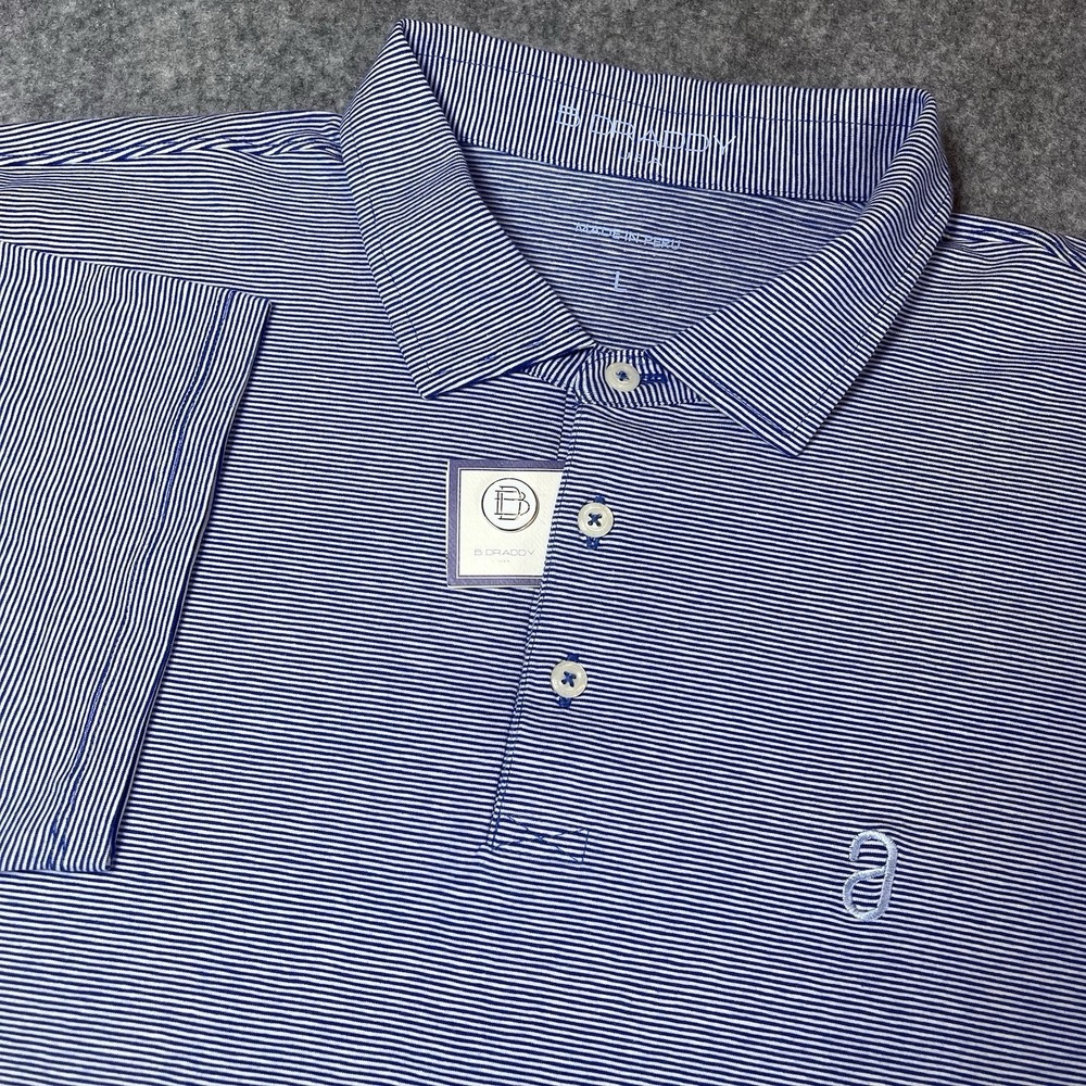 B. Draddy Polo Shirt Mens Large Blue/White Stripe Pima Cotton Stretch Golf Logo